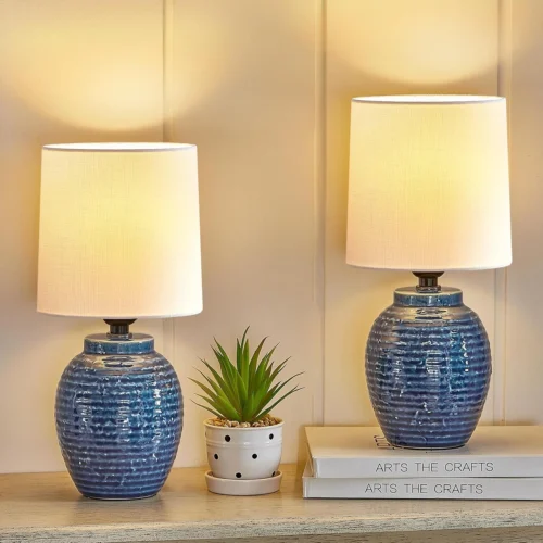 Table Lamp Set of 2-13.5 Small Boho Lamp, Farmhouse Rustic Ceramic Table Lamp for Bedroom