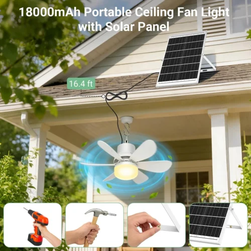Alternative view of Fan for Gazebo with Light, 18000mAh Rechargeable Solar Powered Patio Ceiling Fan with Remote