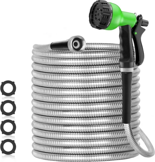100ft 304 Stainless Steel Garden Hose Metal, Heavy Duty Water Pipe with Nozzles for Yard