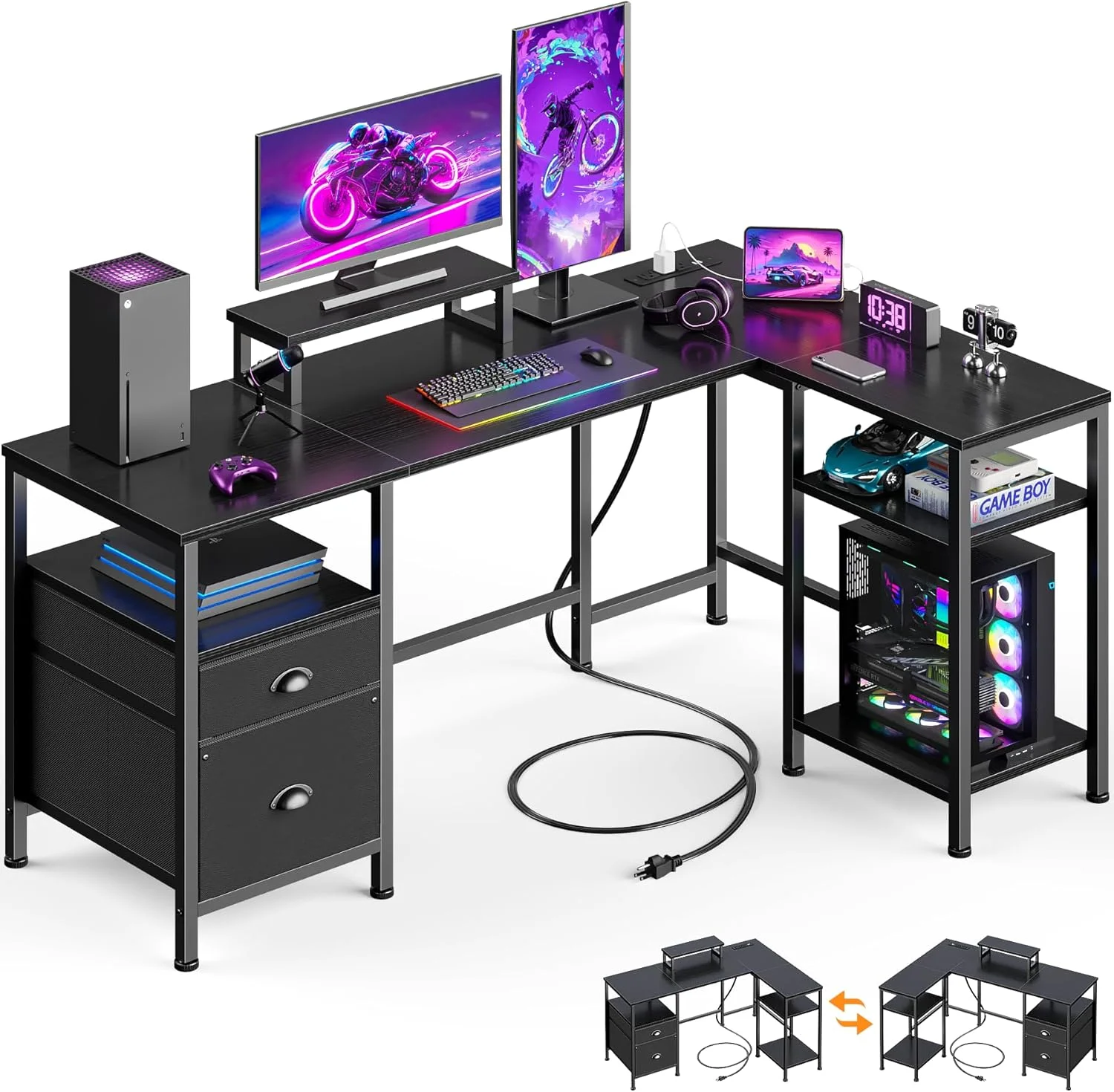 66?? L Shaped Desk with Power Outlet, Reversible Home Office Desk with File Drawer, 2 Monitor Stands - Image 5