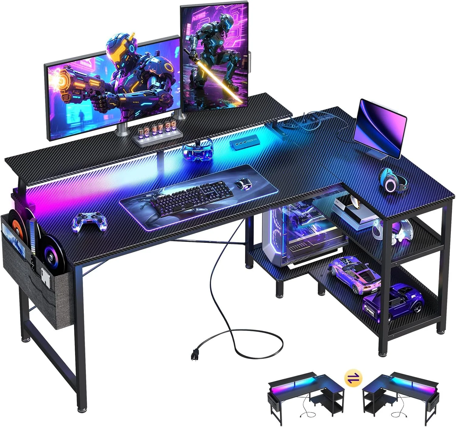 48 Inch Gaming Desk with USB Charging Ports and LED Lights, Reversible L Shaped Computer Desk with Storage Shelves & - Image 4