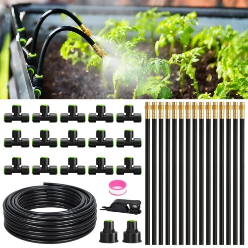 50FT Drip Irrigation System, Garden Watering Kit with 15pcs 360??Adjustable Copper Nozzles, Automatic Atomizing - For Home Projects