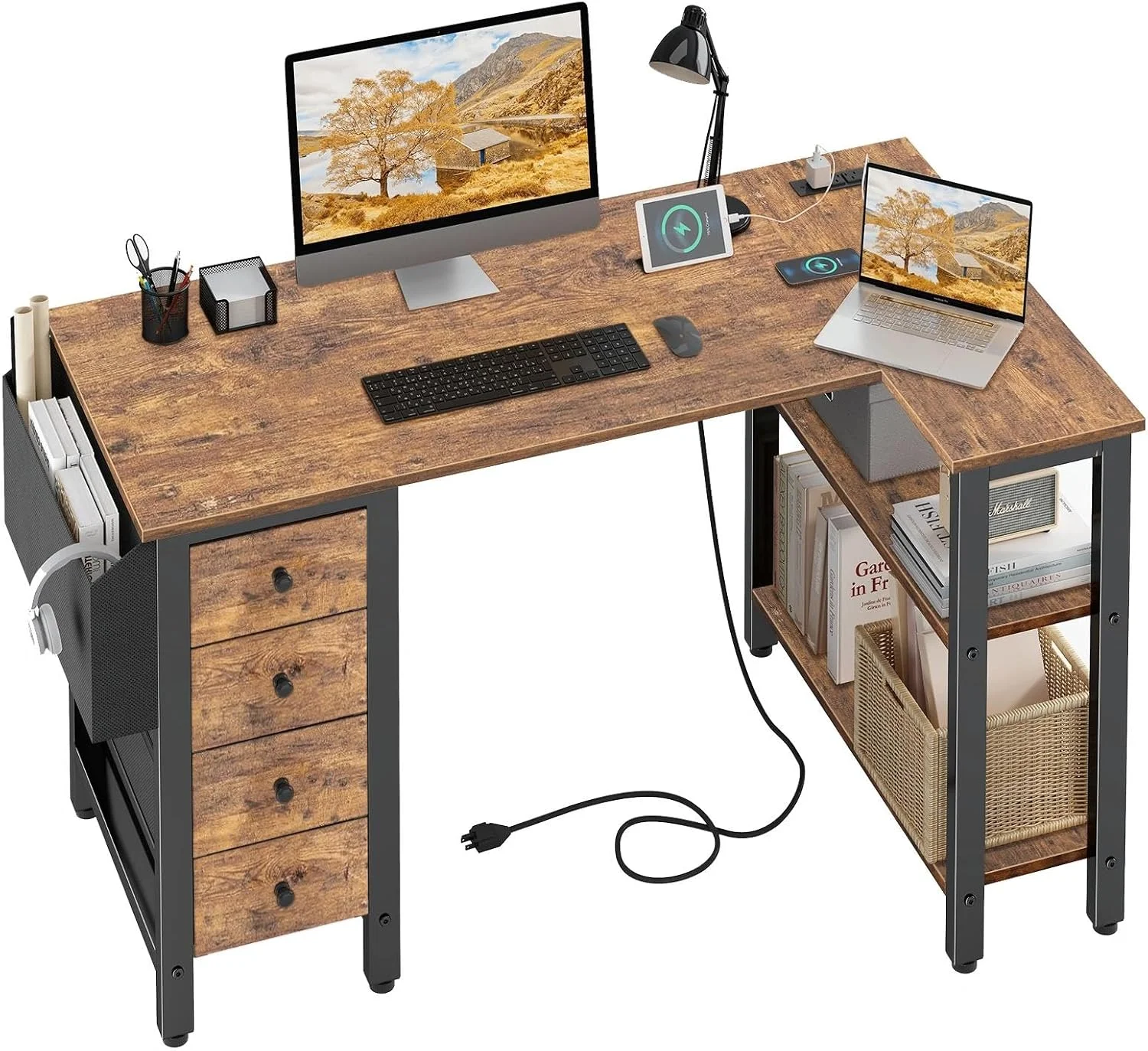 White L Shaped Computer Desk with Drawers & Storage Shelves, 47 Inch Corner Reversible Desk with Power Outlet - Image 6