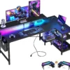 48 Inch Gaming Desk with USB Charging Ports and LED Lights, Reversible L Shaped Computer Desk with Storage Shelves &