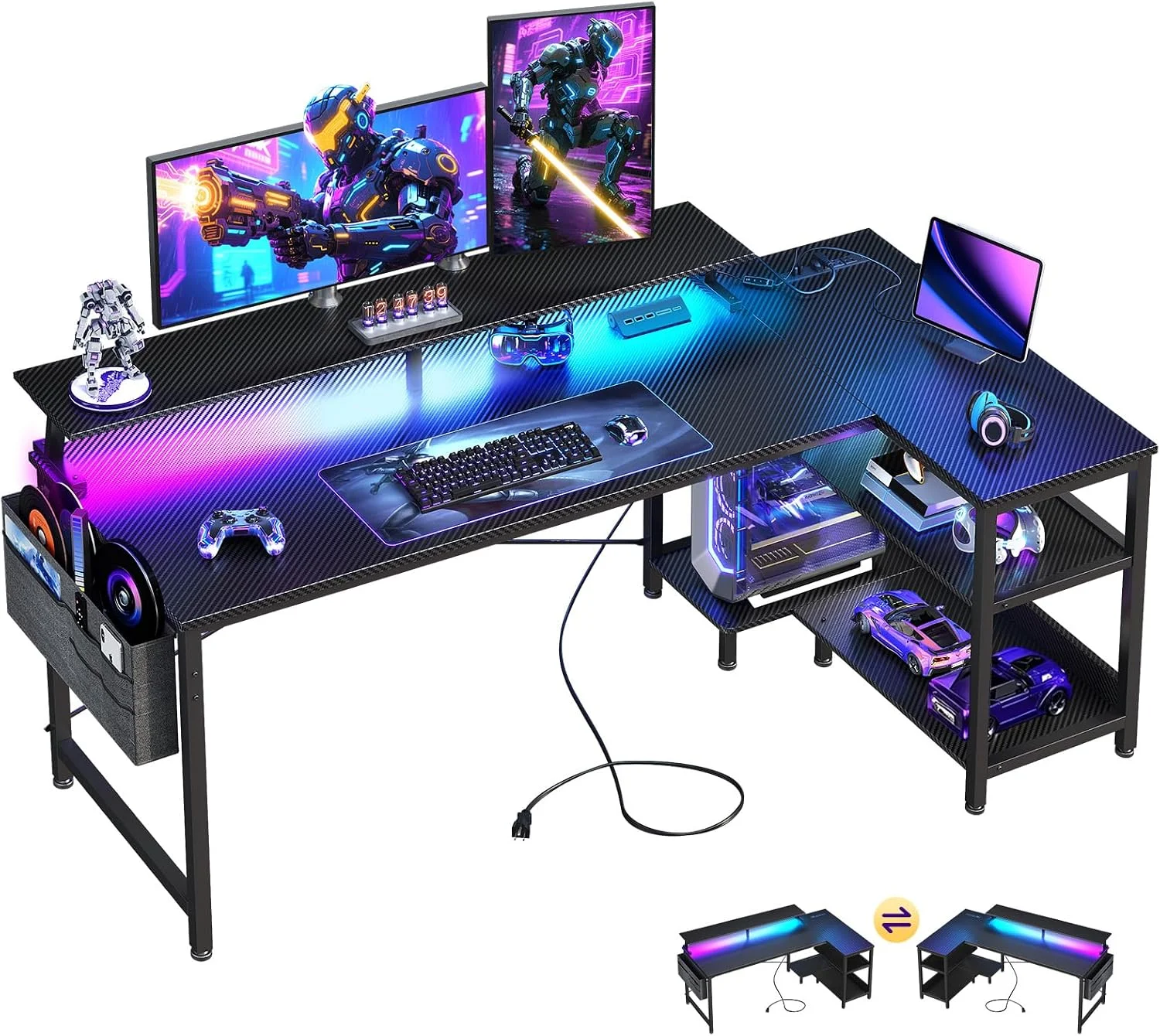 48 Inch Gaming Desk with USB Charging Ports and LED Lights, Reversible L Shaped Computer Desk with Storage Shelves &