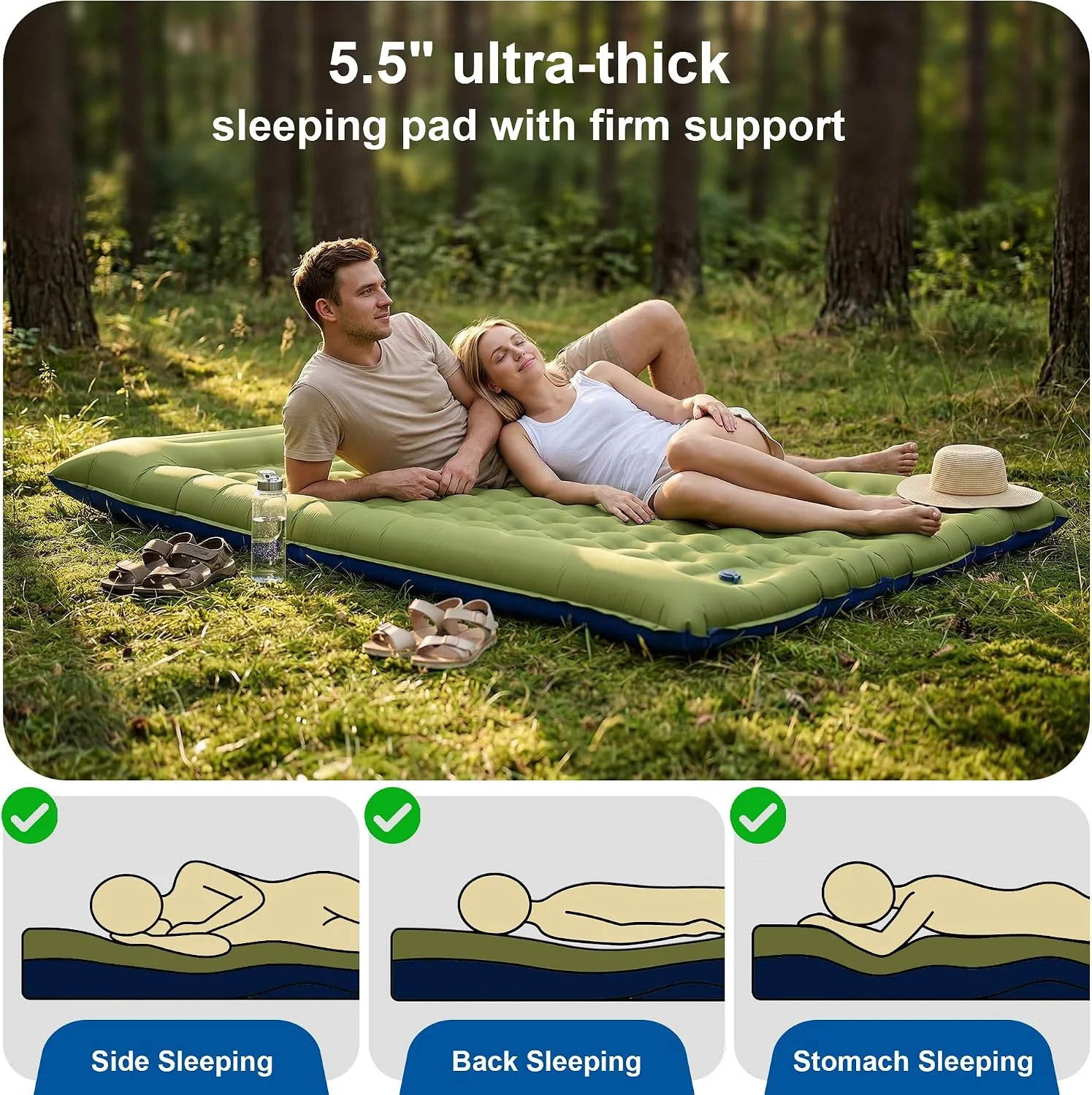 Double Sleeping Pad for Camping, 5.5 Ultra-Thick Camping Mattress with Pillow, Built-in Foot Pump - Image 3