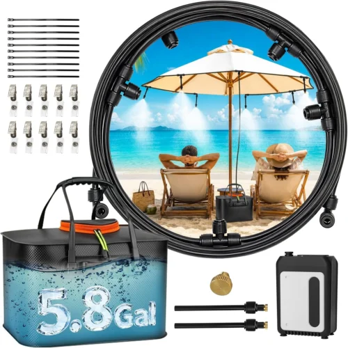 Portable Misting Systems, Outdoor Water Cooling Misters Set with 5200mAh Water Pump, 5.8GAL/22L Bucket