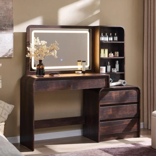 Vanity Desk with Mirror and Lights, 50?? Modren Makeup Vanity with 35.43 Mirror and 5 Drawers