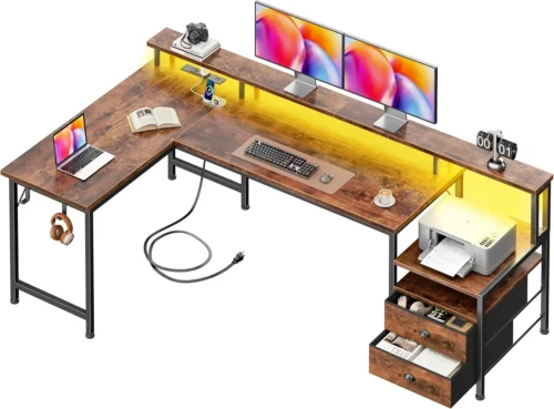 66'' L Shaped Gaming Desk with Drawers and Storage Shelves, Reversible Corner Desk with Power Outlets and Host