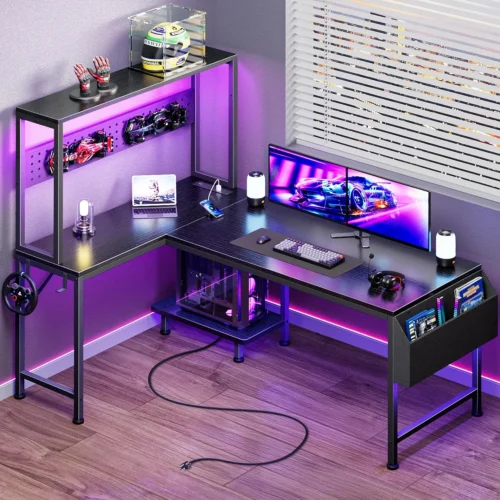 L Shaped Gaming Desk with LED Lights & Power Outlets, Reversible Computer Desk with Storage Shelves & Bag