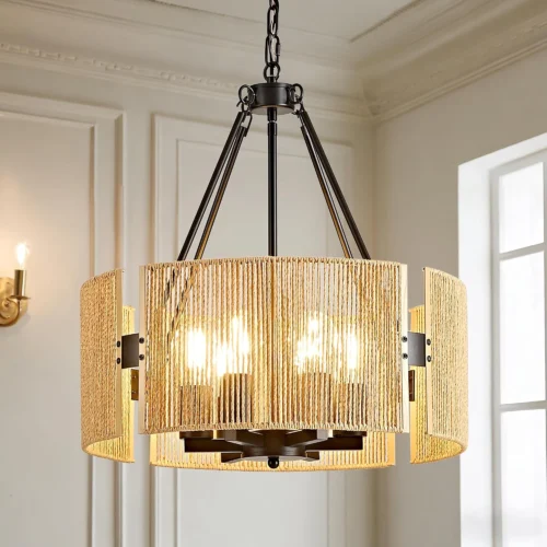 Alternative view of Large Farmhouse Chandeliers for Dining Room, 6-Light 19.7" Rattan Boho Chandeliers with Wicker Lampshade