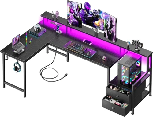 Alternative view of 66'' L Shaped Gaming Desk with Drawers and Storage Shelves, Reversible Corner Desk with Power Outlets and Host
