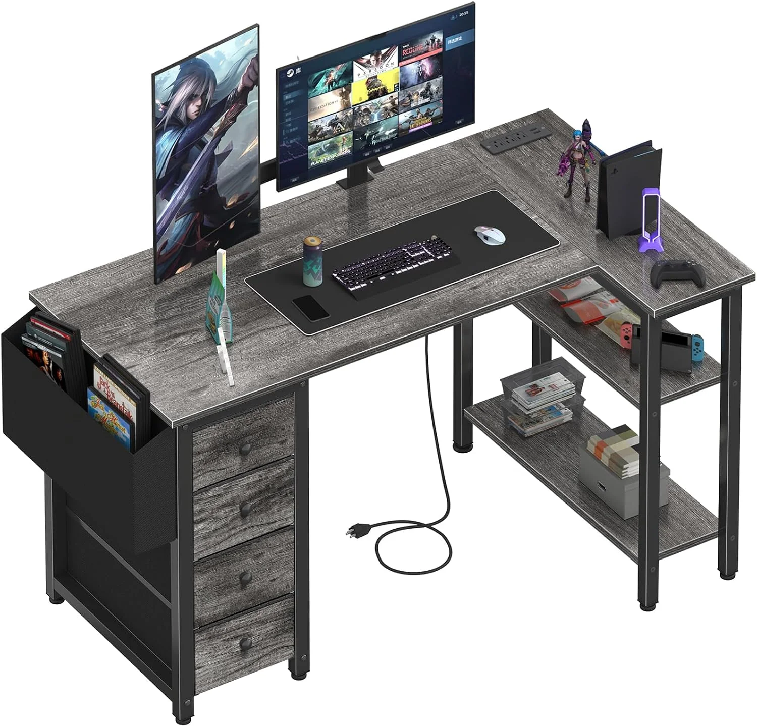 White L Shaped Computer Desk with Drawers & Storage Shelves, 47 Inch Corner Reversible Desk with Power Outlet - Image 10