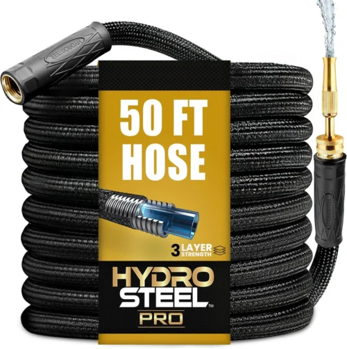 PRO 100 Ft Heavy Duty Metal Garden Hose with Nozzle, Water Hose Made from 304 Stainless Steel, 5/8?? Diameter