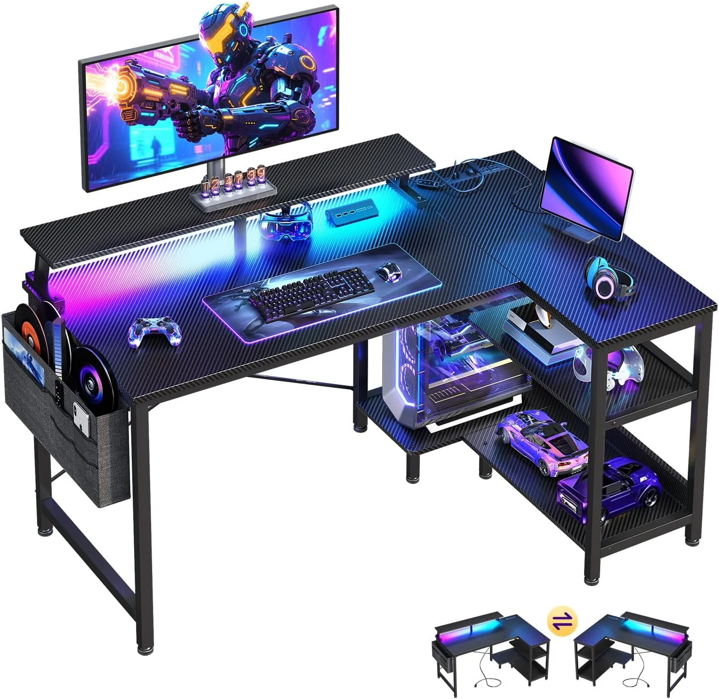 48 Inch Gaming Desk with USB Charging Ports and LED Lights, Reversible L Shaped Computer Desk with Storage Shelves & - Image 3