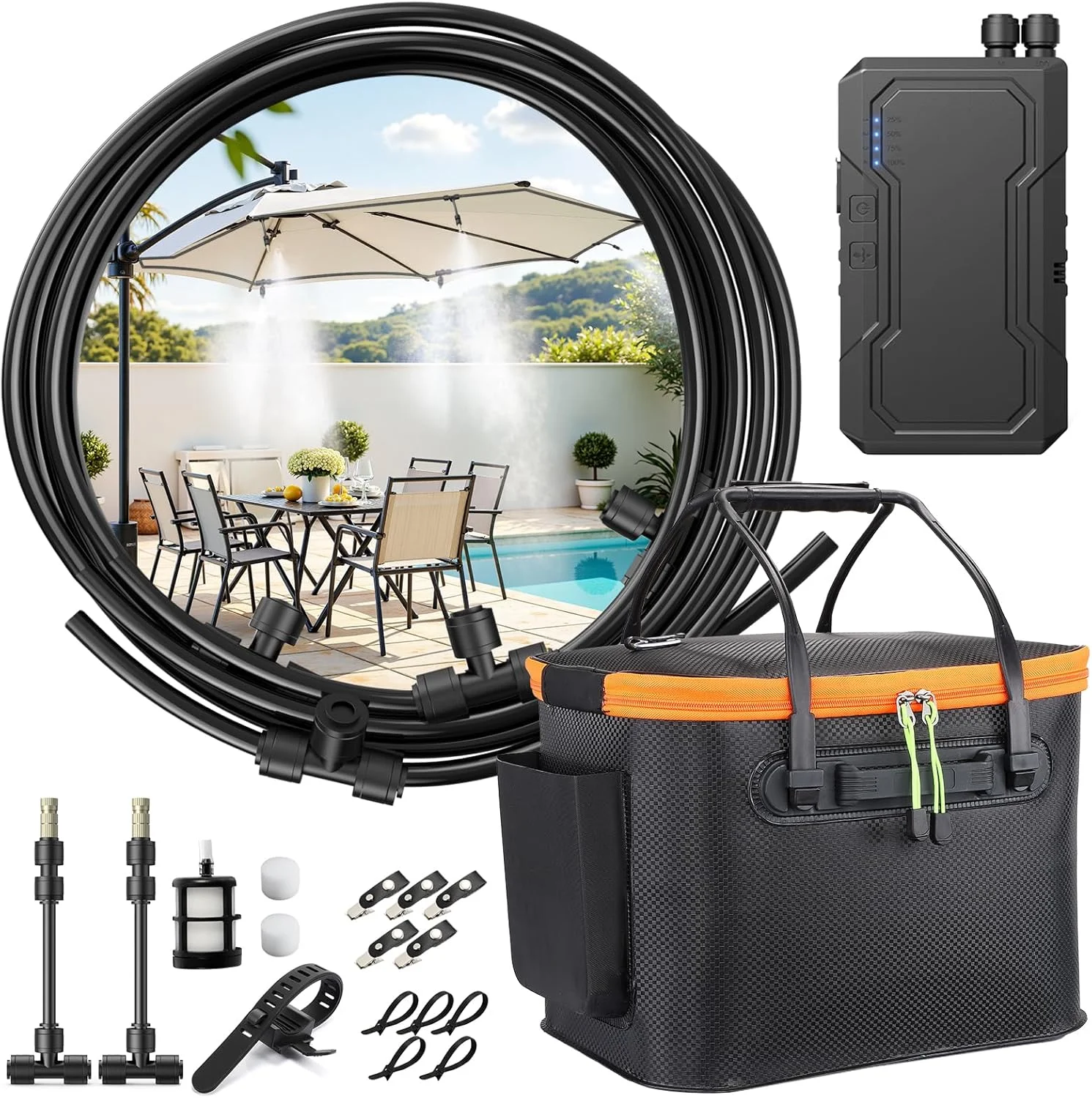 Nook Portable Misting System for Outside Patio, Outdoor Water Cooling Mister with Battery Powered Pump (Max 8Hrs)