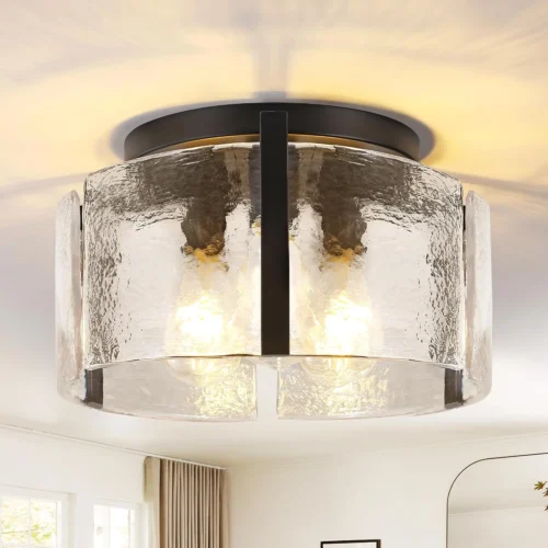 Alternative view of Modern Gold Semi Flush Mount Ceiling Light, Dimmable, 3-Light Farmhouse Glass Drum Light Fixture