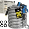150ft Stainless Steel Garden Hose, No-Kink Leak-Proof Crush Resistant, 10-Function Nozzle for Lawn Care