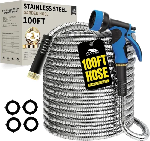 150ft Stainless Steel Garden Hose, No-Kink Leak-Proof Crush Resistant, 10-Function Nozzle for Lawn Care