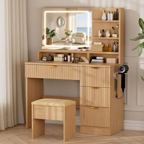 Alternative view of White Makeup Vanity Desk with Charging Station & 4 Drawers, Smart LED Mirror