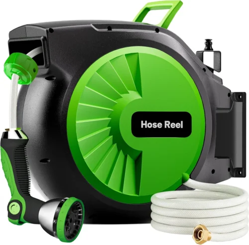 Garden Hose Reel 100FT x 1/2 in, Wall Mount Water Hose Reel for Outside with Auto Rewind