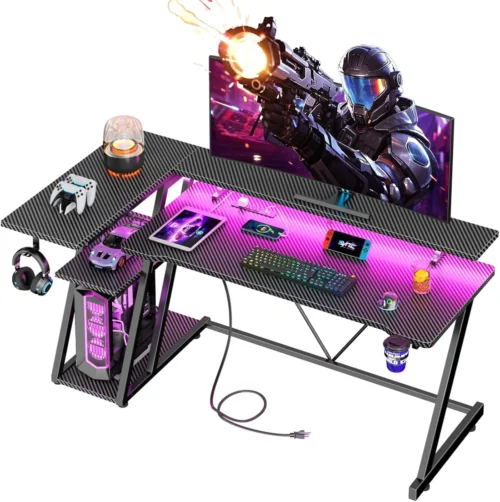 Alternative view of 40 Inch Gaming Desk with Power Outlet & LED Lights, L Shaped Computer Gaming Table with 3 Tiers Storage Shelves