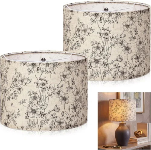 2 Pack Chinoiserie Drum Lamp Shade 13 x 13 x 10 Inch Cream Linen Lampshade with Exquisite Bird Floral Lining