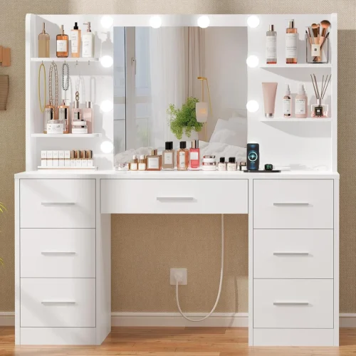Large Vanity Desk with LED Lighted Mirror & Power Outlet, Makeup Vanity Table with 7 Drawers