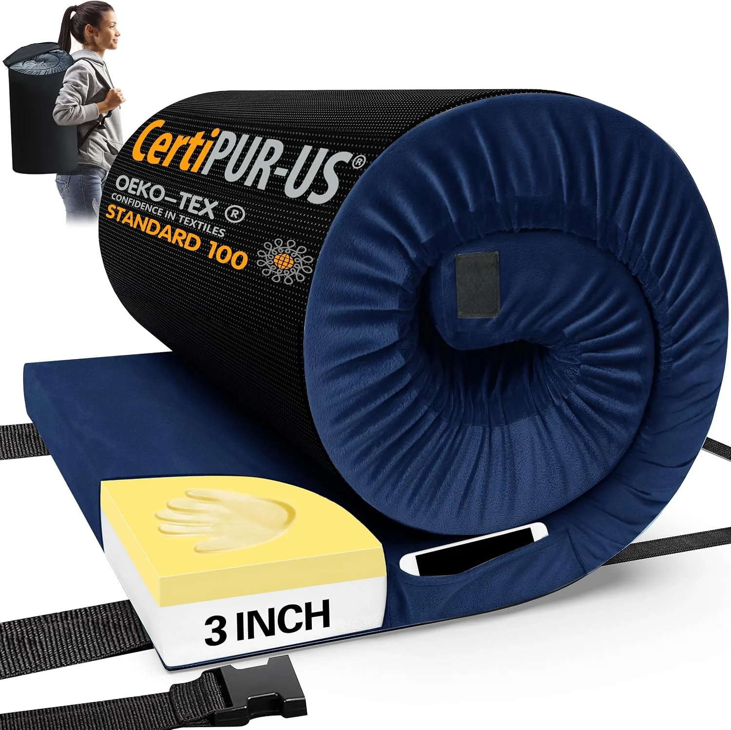 Memory Foam Camping Mattress Pad, CertiPUR-US Sleeping Mat, Portable Roll Up Mattress for Adults - Image 2
