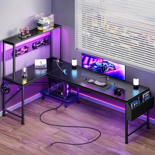 Alternative view of L Shaped Gaming Desk with LED Lights & Power Outlets, Reversible Computer Desk with Storage Shelves & Bag