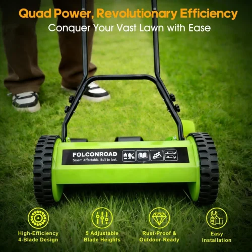 Alternative view of 14-Inch 4-Blade Push Reel Lawn Mower, Manual Reel Push Mower, Walk-Behind Lawn Mowers, 5-Position Cutting - For Lawn Care