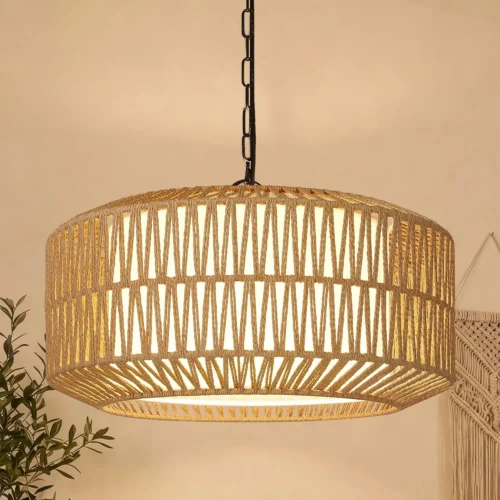 Alternative view of Height Adjustable Farmhouse Chandelier Light Fixture, 5-Light Rattan Boho Chandeliers for Dining Room