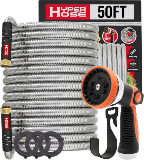 Alternative view of 100 ft Metal Garden Hose Set, No-Kink Durable 316 Stainless Steel, 10-Way Zync Spray Nozzle & Hook