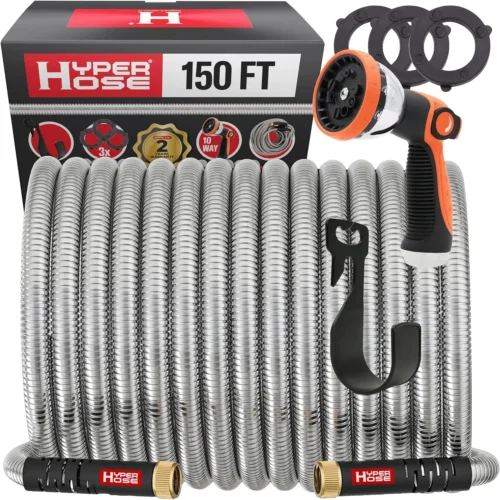 100 ft Metal Garden Hose Set, No-Kink Durable 316 Stainless Steel, 10-Way Zync Spray Nozzle & Hook