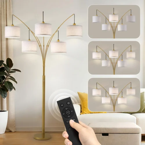 Alternative view of 3 Light Arc Floor Lamp with Remote, Beige Shade Black Pole