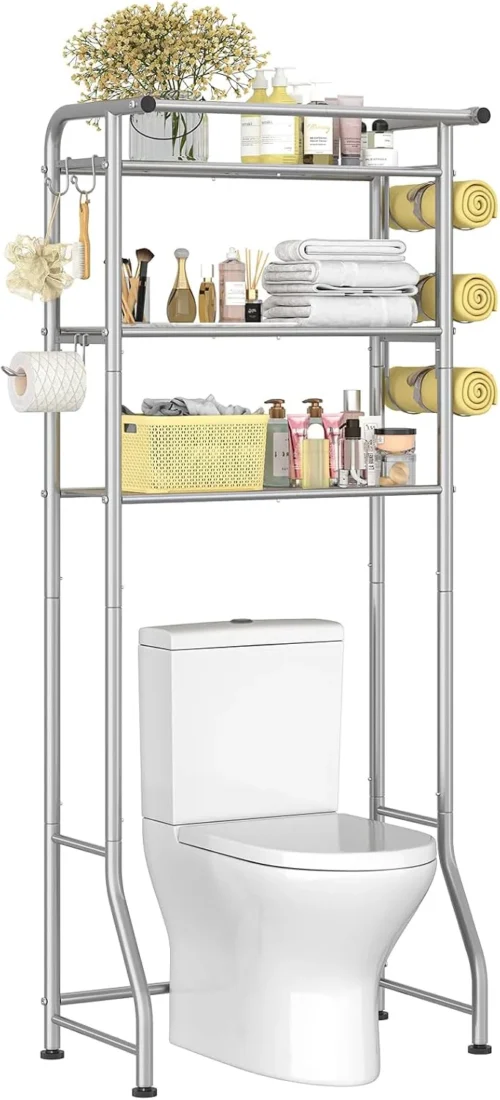Alternative view of Trending Over The Toilet Storage Cabinet, Metal Bathroom Shelf Organizer with Paper Holder and Hooks, 3 Tier, Black