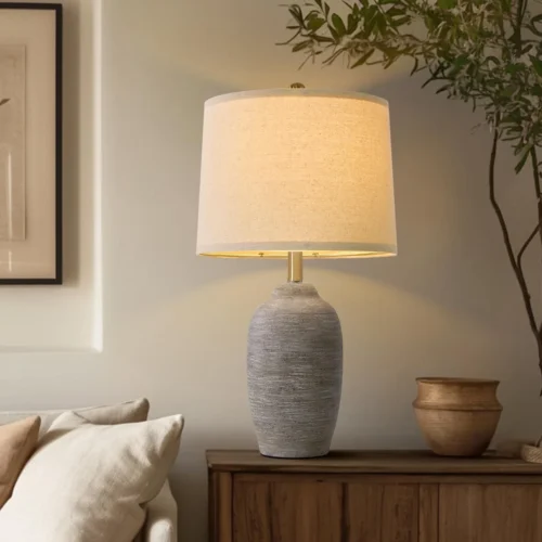 Alternative view of 24 inch Vintage Ceramic Table Lamp with 5FT Cord - Single Farmhouse Rustic Bedside Lamp with Natural Textured Finish, Nightstand Lamps for Living Room