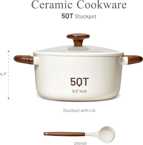 Alternative view of CAROTE 5QT Nonstick Stock Pot with Lid, 5 Quart Casserole with Ladle, Even Heating Stockpot, Fits All Stoves, Non Stick Big Cooking Pots PFOA Free, White
