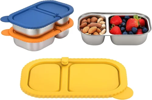 Stainless Steel Snack Containers, 6-Pack Reusable Grab and Go Containers with Lids, Dual Compartment Bento Box for Travel, Camping & Lunch Prep