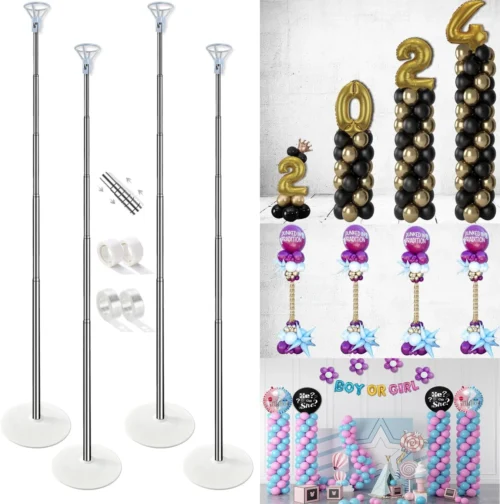 Balloon Column Stand Kit Set of 4, 7ft Height Adjustable Balloon Arch Kit with 2 Ballon Garland Strip, Metal Telescopic Pillar Balloon Stand