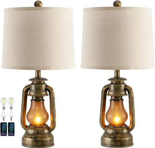 Farmhouse Lantern Table Lamps for Living Room Set of 2 with USB C+A