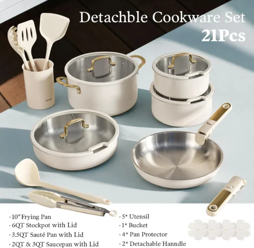 Alternative view of CAROTE 21pcs Tri-Ply Stainless Steel Cookware Set with Detachable Handle