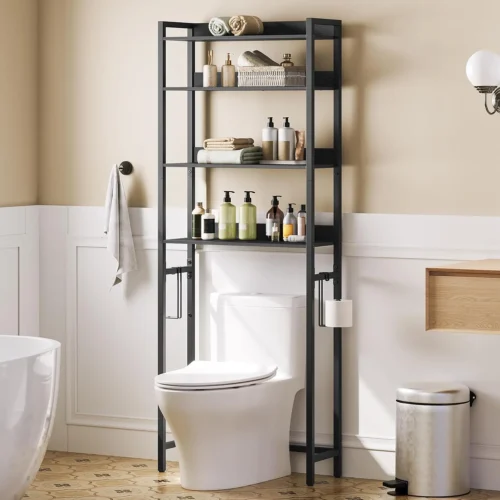 Over The Toilet Storage Rack, 4 Tier Bathroom Organizer Over Toilet, Freestanding Space Saver Toilet Stand with 2 Hooks, Bathroom Storage Shelf, Easy to Assemble, Rustic Brown TSHR0401Z