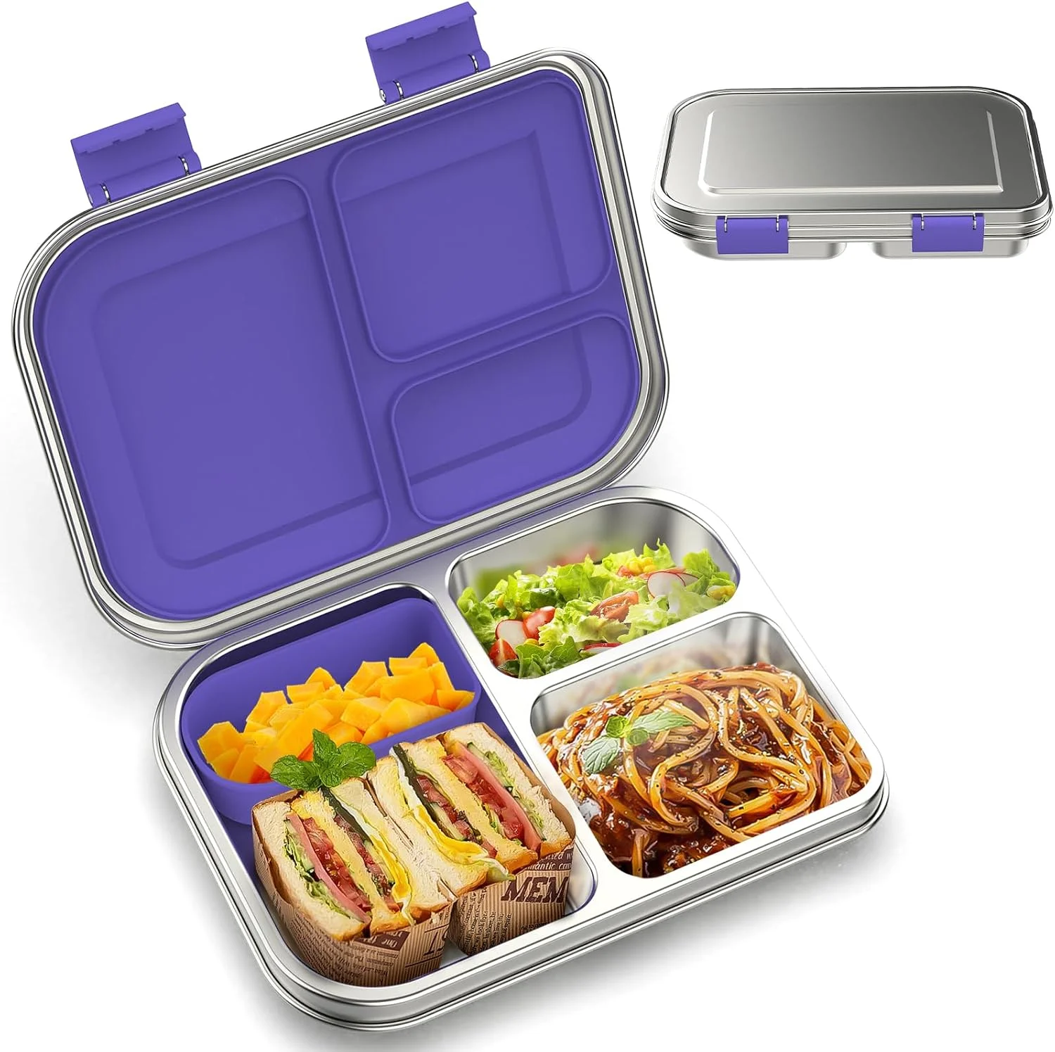 Stainless Steel Kids Leak-Resistant Bento Lunch Box, 3-Compartments with Silicone Container, Dishwasher-Safe, Child-Friendly Design for School - Image 3