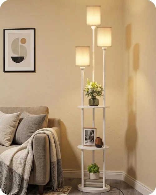 Alternative view of 70.9 Floor Lamp with Shelves, Modern Floor Lamp with 3 Linen Shades and Foot Switch, 3-Light Standing Lamp, for Living Room, Bedroom, Study, Office