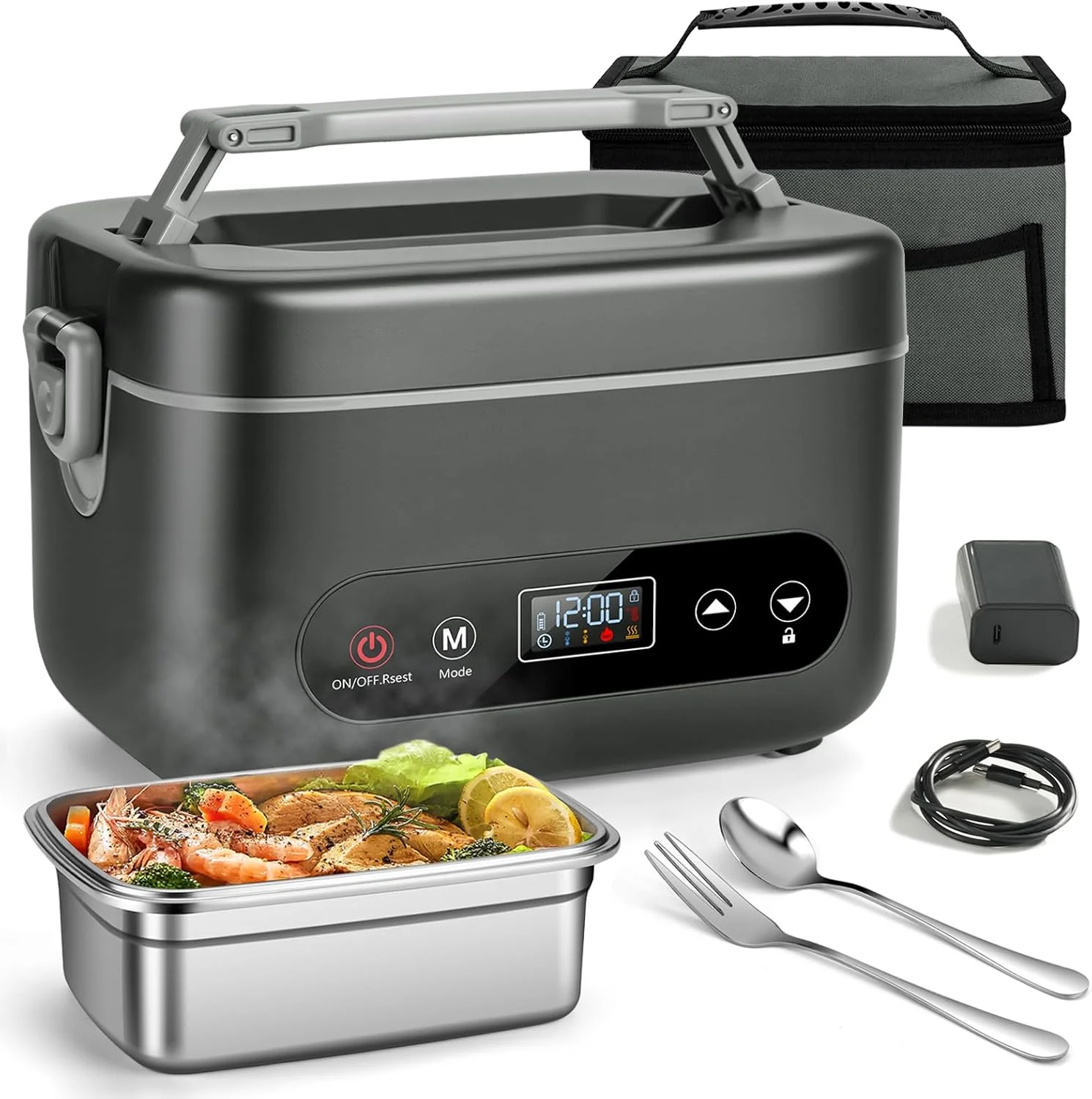 Heated Lunch Box for Adults, 1.2L Self-Heating Food Warmer Dark Gray - Image 3