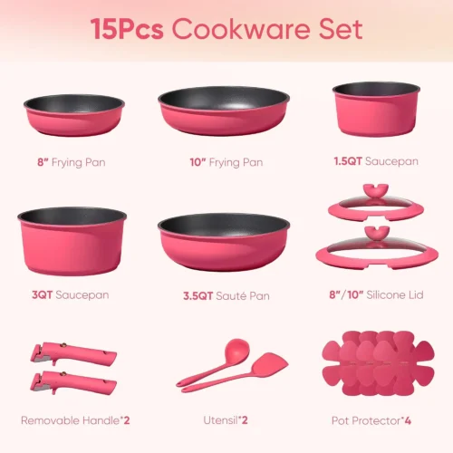 Alternative view of CAROTE 15pcs Pots and Pans Set Non Stick, Cookware Set Detachable Handle