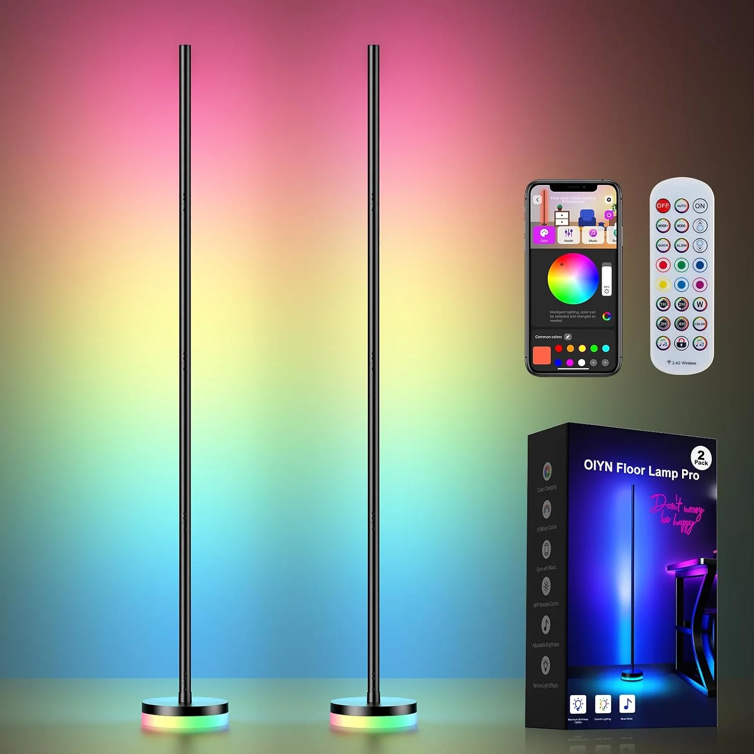 Corner Floor Lamp 2 Pack, RGBICW LED Corner Lamp with 1300lm Smart Modern Floor Lamp, App & Remote Control, Music Sync