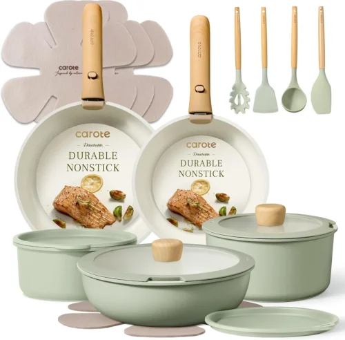 Alternative view of CAROTE 19pcs Pots and Pans Set Non Stick, Detachable Handle Cookware, Green