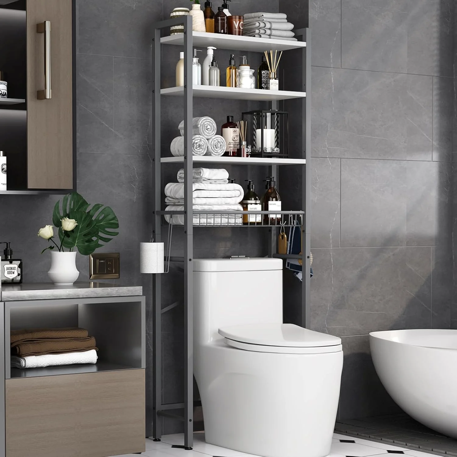 Over-The-Toilet Storage Rack, 4-Tier Bathroom Organizer Shelf Over Toilet with Adjustable Shelf and Basket, Freestanding Space Saver Bathroom Shelves Above Toilet for Room (Pure Black) - Image 7